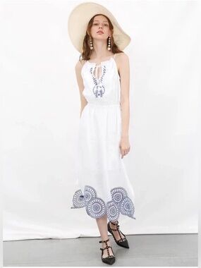 J.Crew White Linen Midi Dress with Blue Eyelet Details Size 0